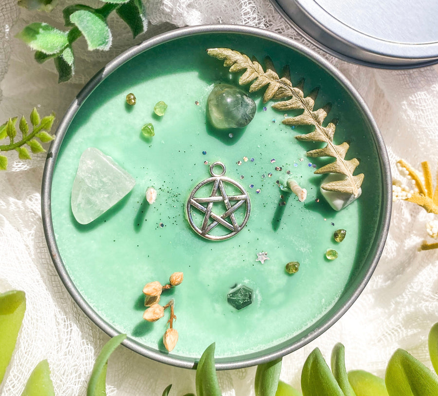 GREEN WITCH SPELL CANDLE (8 OZ) Scent bag INCLUDED W/ Olivine, Howlite, Prehnite & Quartz